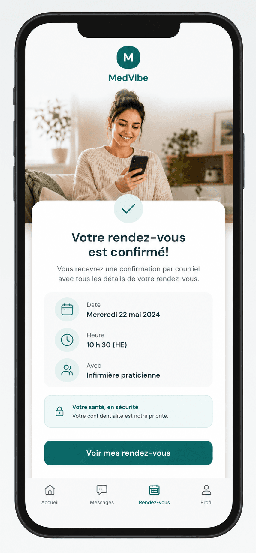 The MedVibe app on a phone showing an appointment confirmation